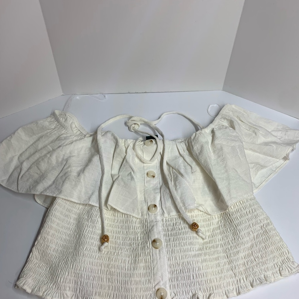 Off-White Smocked Off-Shoulder Blouse with Button Front